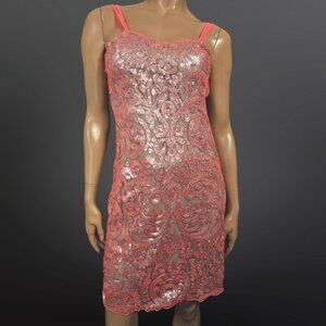 Y2K Sequin Mesh Overlay Slip Dress Fairy Prom Party Cocktail size S Vivid Coral